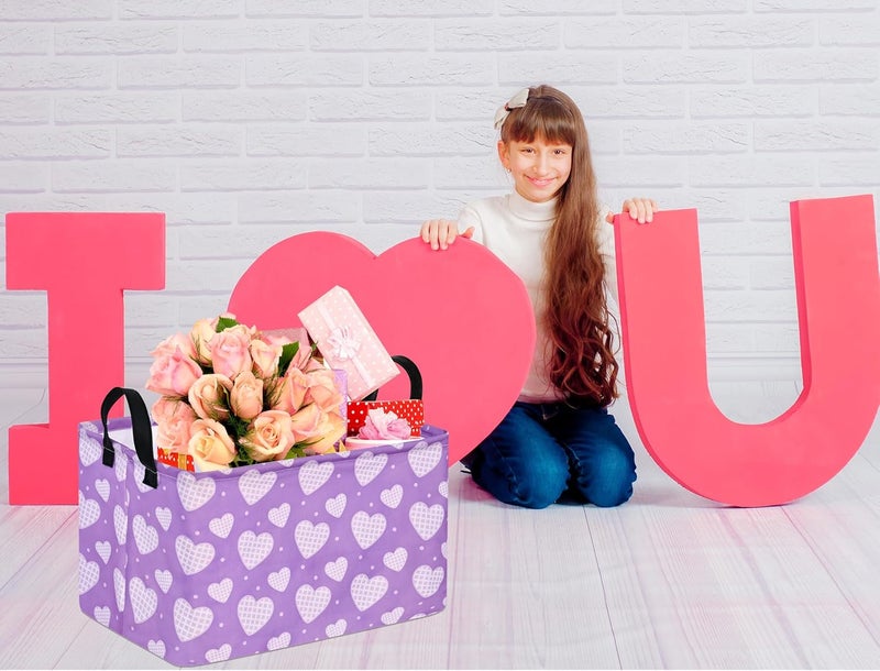 FUULOXE Rectangular Valentines Basket Storage Bin for Shelves Girls Gifts Baskets Foldable Box with Handles for Home Office Car Dormroom Valentine's Day Party Supplies - Image 5